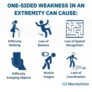 One Sided weakenss can cause difficulty walking, grasping object, loss of balance, coordination, spatial recognition, and muscle fatigue